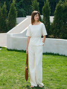 TEASEL Crinkled Silk Blend Shirt Pants Set in Cream - On Female Model