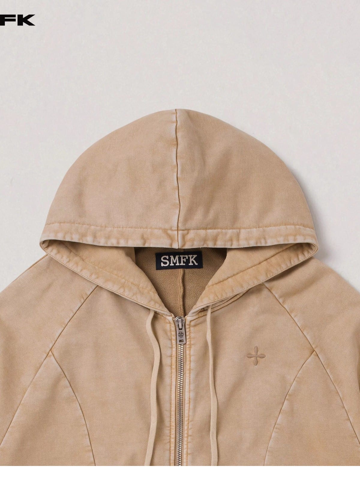 SMFK Washed Cotton Zip Up Hoodie in Beige - Detail