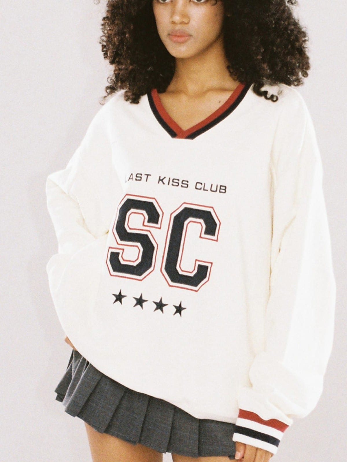 SweetChilling Embroidered V Neck Rugby Sweatshirt in Yellow - On Female Model