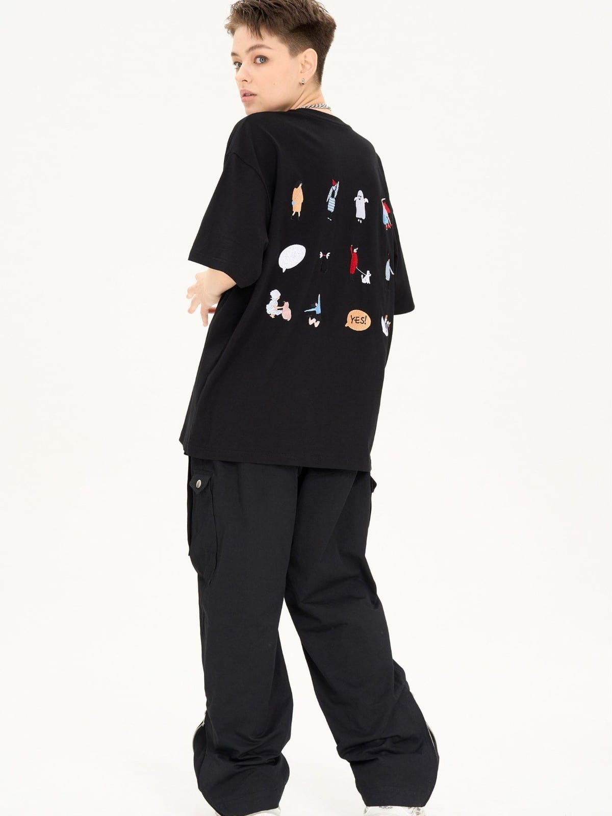 LOSTCTRL Cartoon Embroidery Cotton T Shirt in Black - On Model