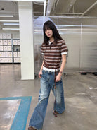 NeverSeez Striped Drawstring Cropped Polo in Brown - On Female Model