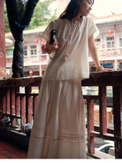 TEASEL Silk Blend Lace Trim Top Skirt Set in Off-White - On Female Model