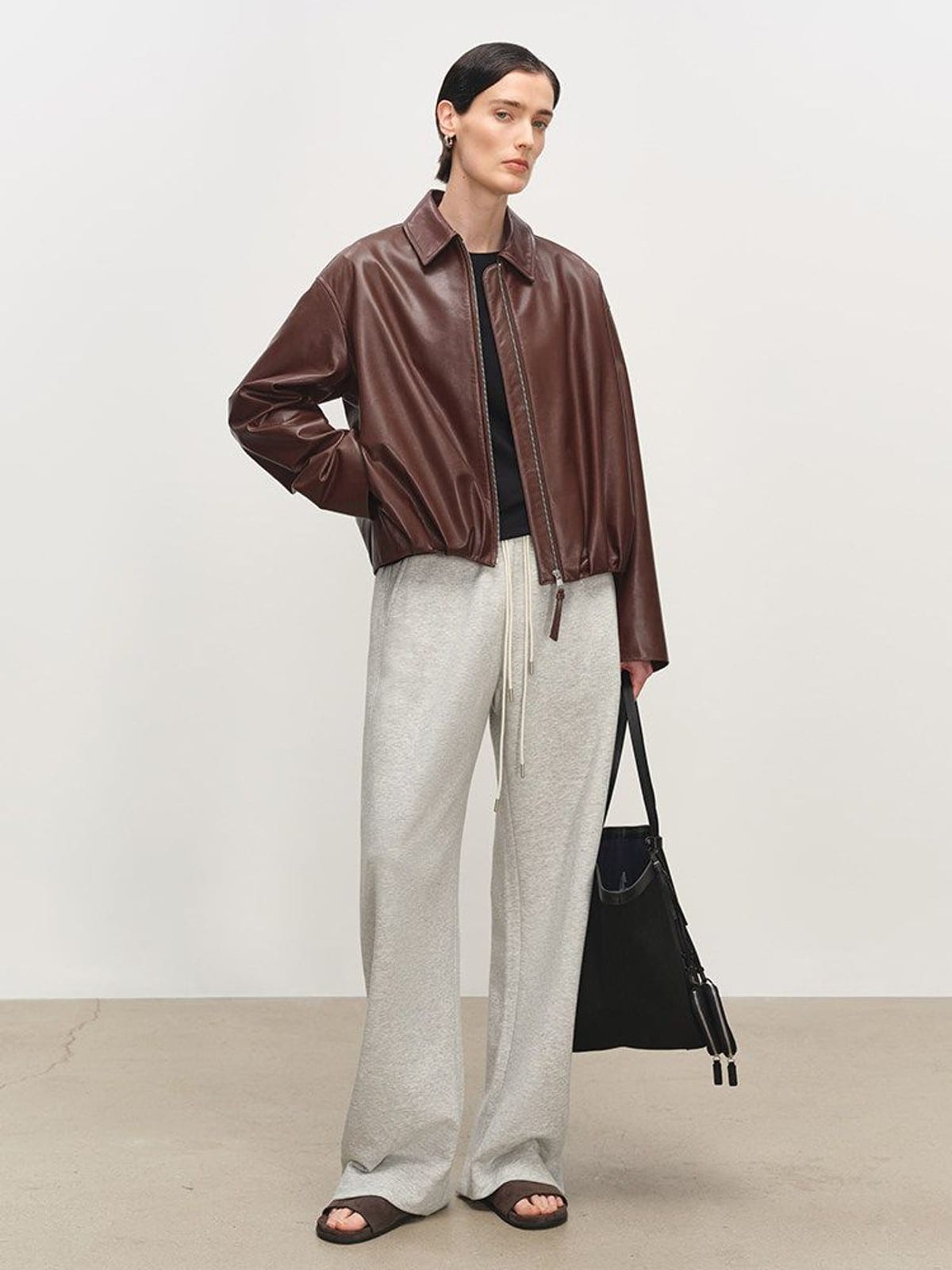 MSBEAST Gathered Hem Sheep Leather Jacket in Brown - On Female Model