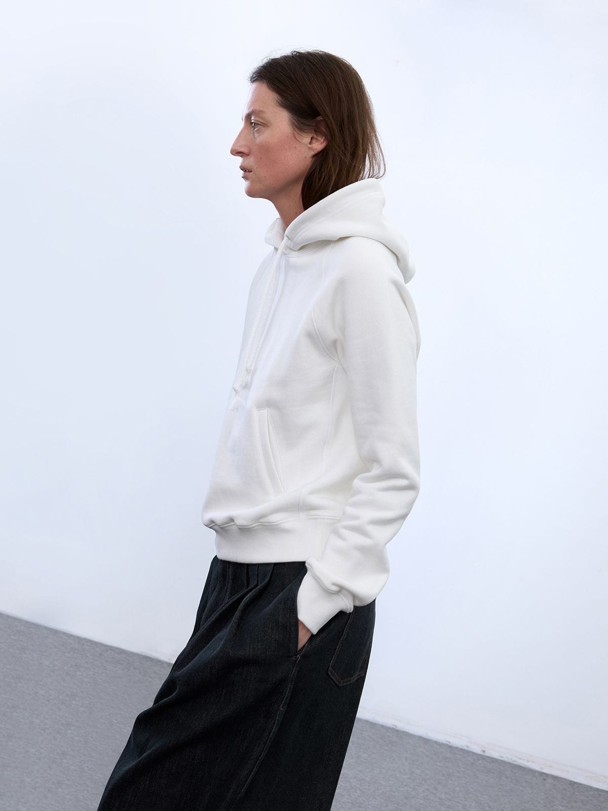 Random Piece Cotton Lyocell Cropped Hoodie in White - On Female Model