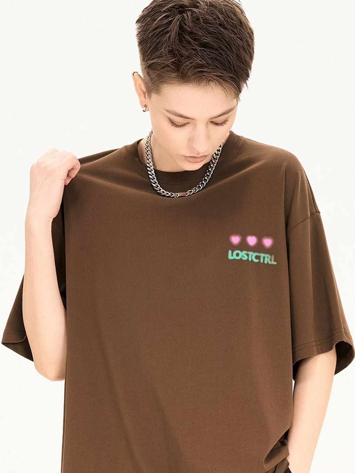 LOSTCTRL Blurred Heart Graphic Cotton T Shirt in Brown - On Model