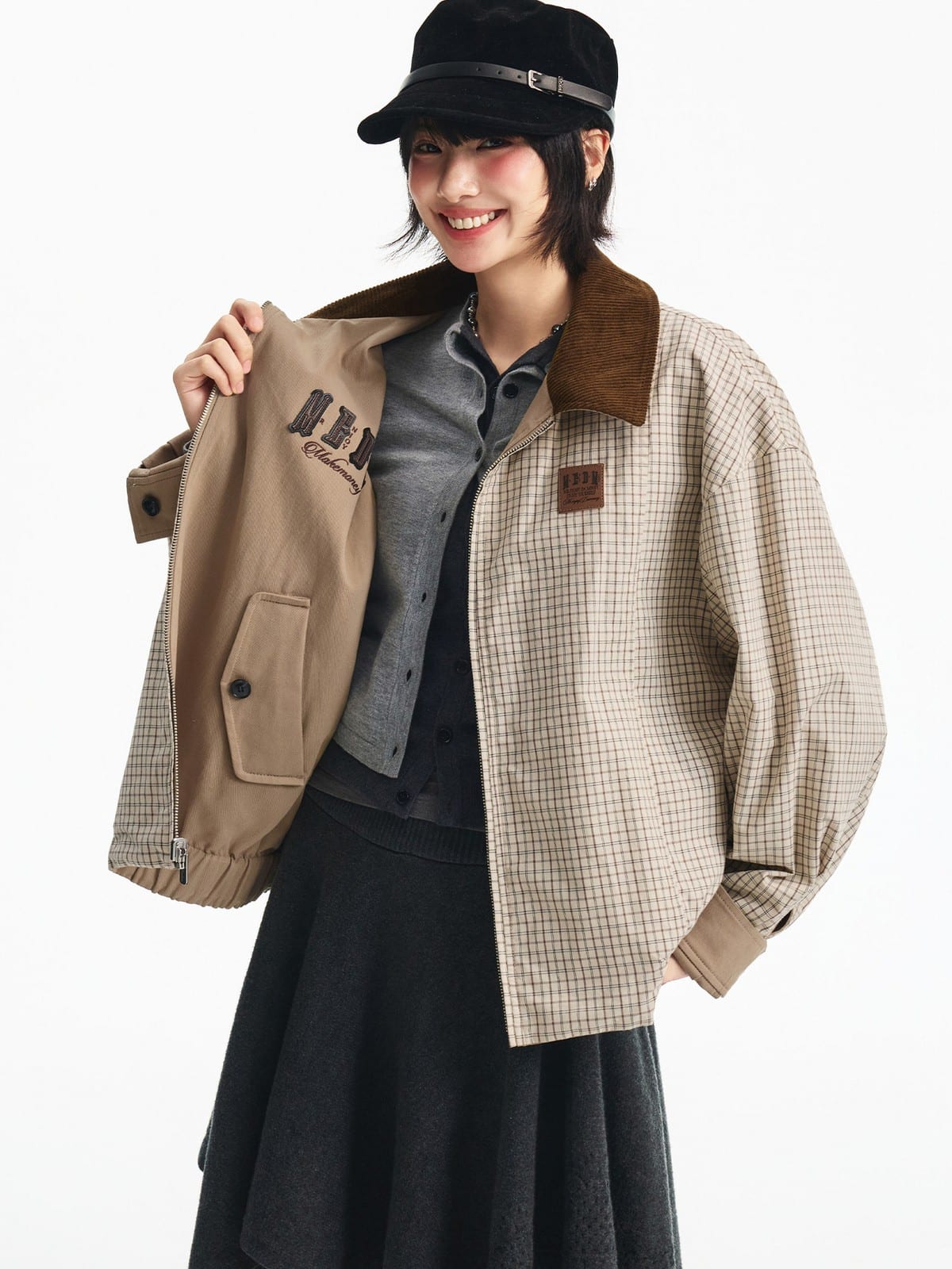 MEDM Reversible Cotton Zip Up Barn Jacket in Beige - On Female Model