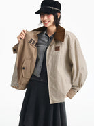 MEDM Reversible Cotton Zip Up Barn Jacket in Beige - On Female Model