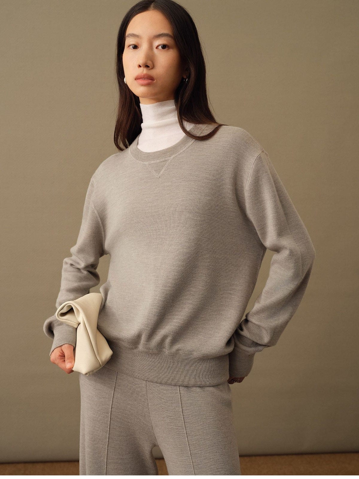 TEASEL Merino Wool Crewneck Sweatshirt in Gray - On Female Model