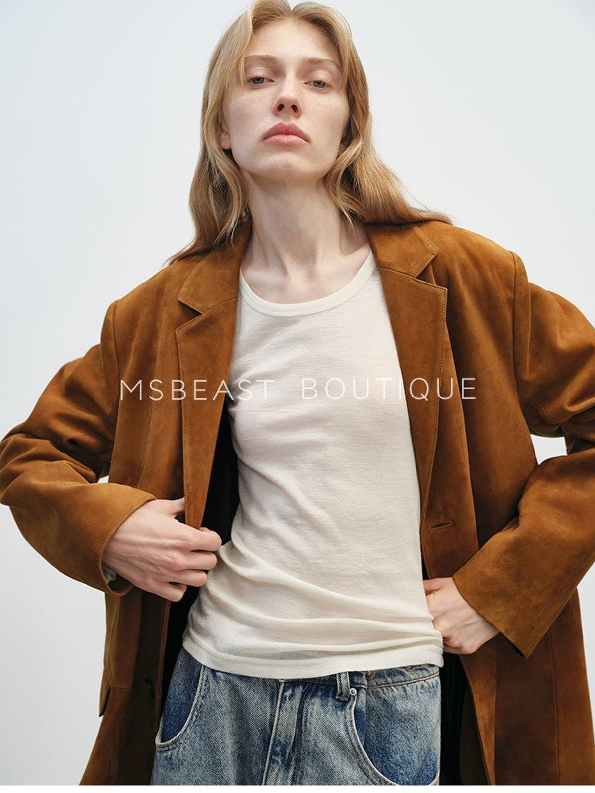 MSBEAST Oversized Sheepskin Suede Blazer in Dark Brown - On Female Model