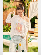 BeerBro Rhinestone Floral Sheer Top in White - On Female Model