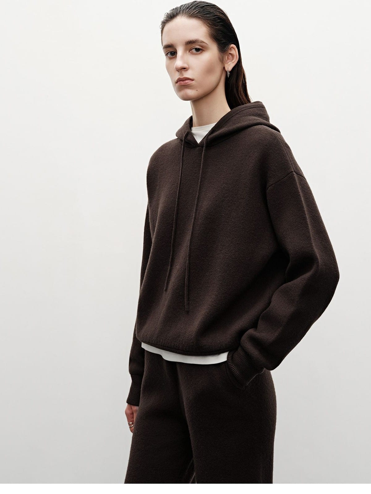 MSBEAST Merino Wool Hoodie Jogger Set in Brown - On Female Model
