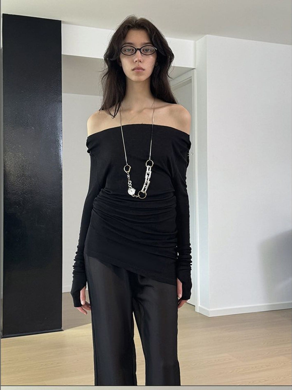 RARELY ALIKE Semi Sheer Mesh Flared Pants in Black - On Female Model