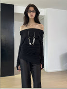 RARELY ALIKE Semi Sheer Mesh Flared Pants in Black - On Female Model