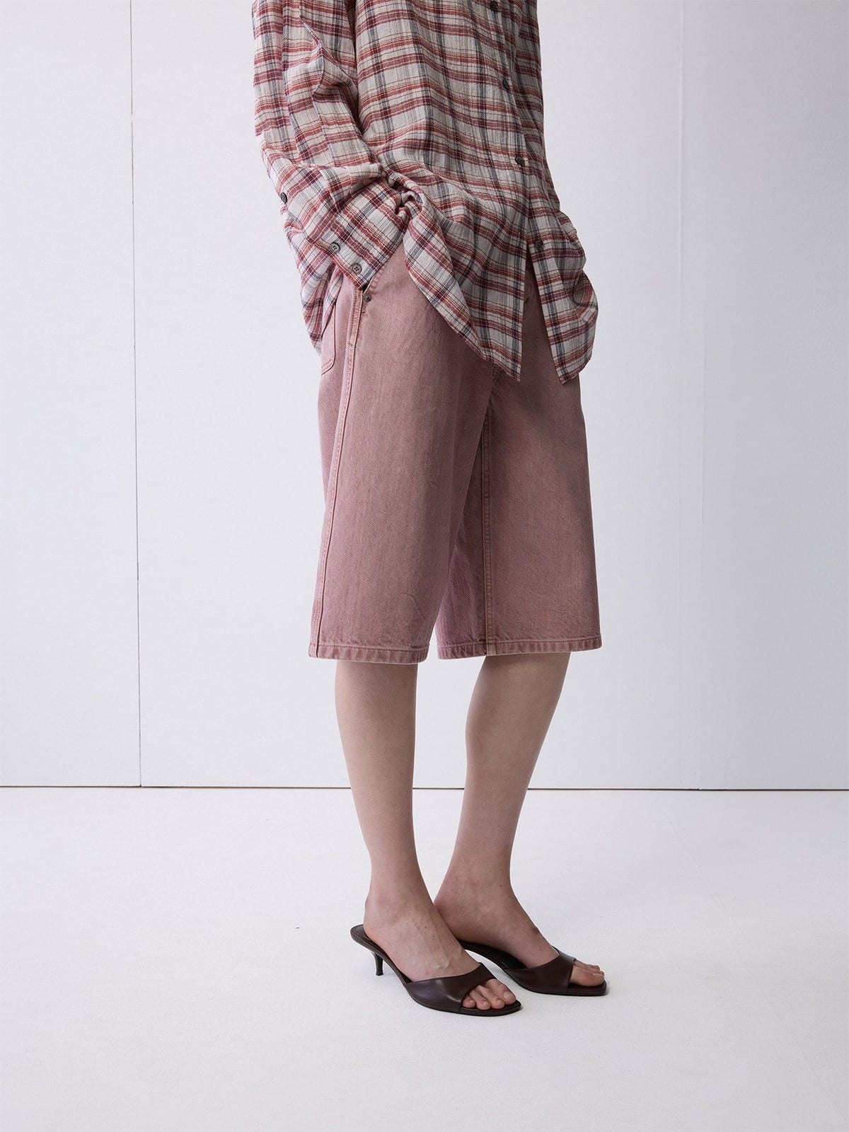 Random Piece Vintage Wash A Line Denim Shorts in Pink - On Female Model