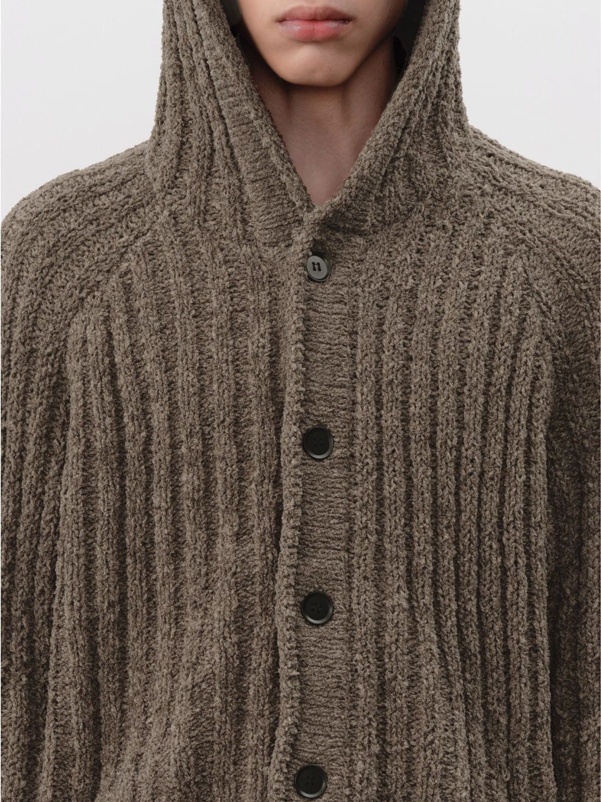 JCAESAR STUDIO Heavyweight Ribbed Hooded Sweater in Brown - On Male Model