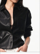 RARELY ALIKE Cropped Faux Leather Button Down Shirt in Black - On Female Model