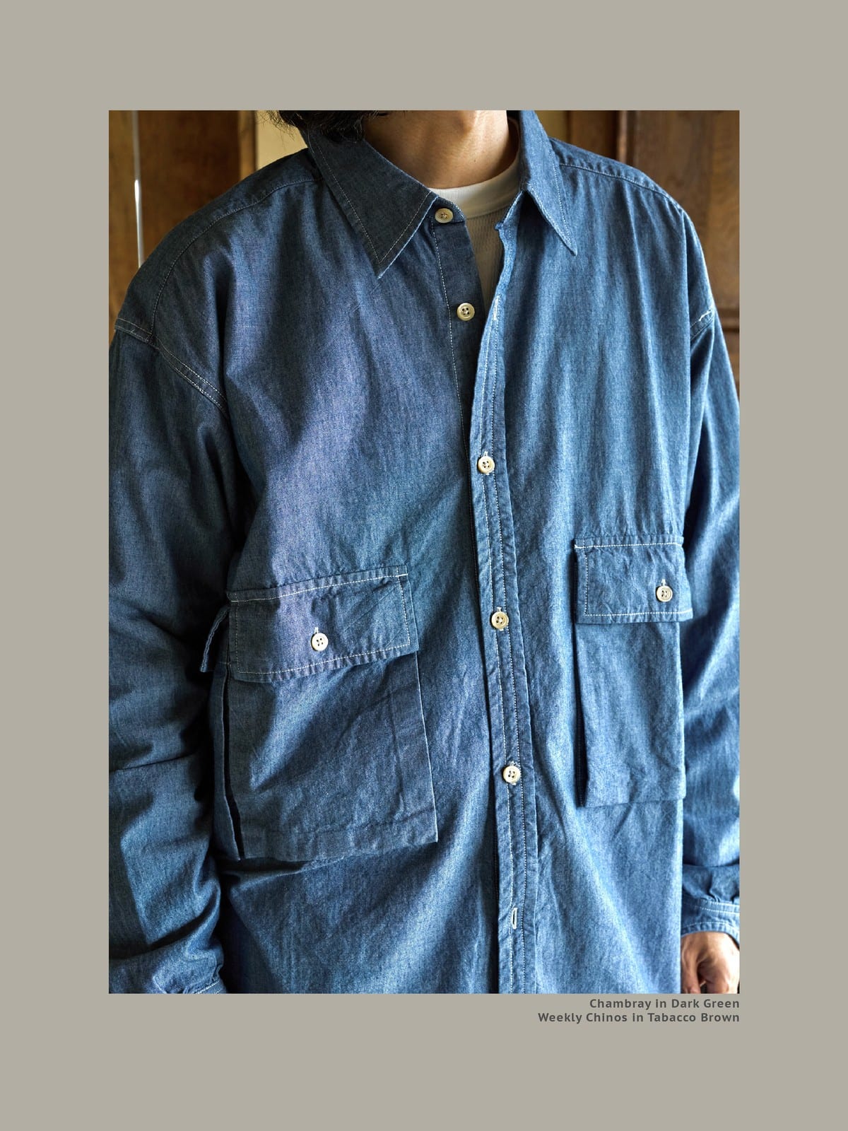 USAGE Cotton Chambray Safari Shirt in Denim - On Male Model