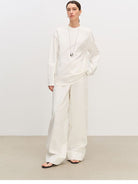 MSBEAST Textured Cotton Wide Leg Trousers in White - On Female Model