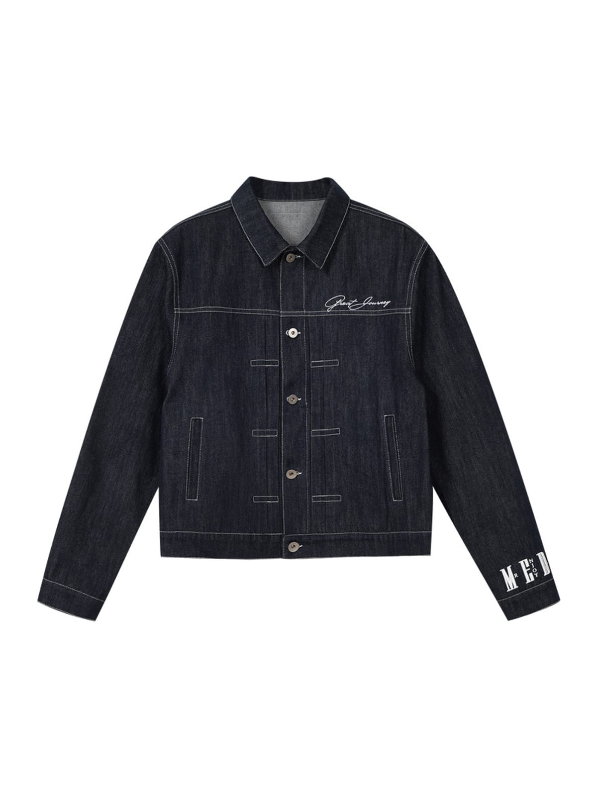 MEDM Embroidered Cuff Raw Denim Jacket in Blue