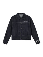 MEDM Embroidered Cuff Raw Denim Jacket in Blue