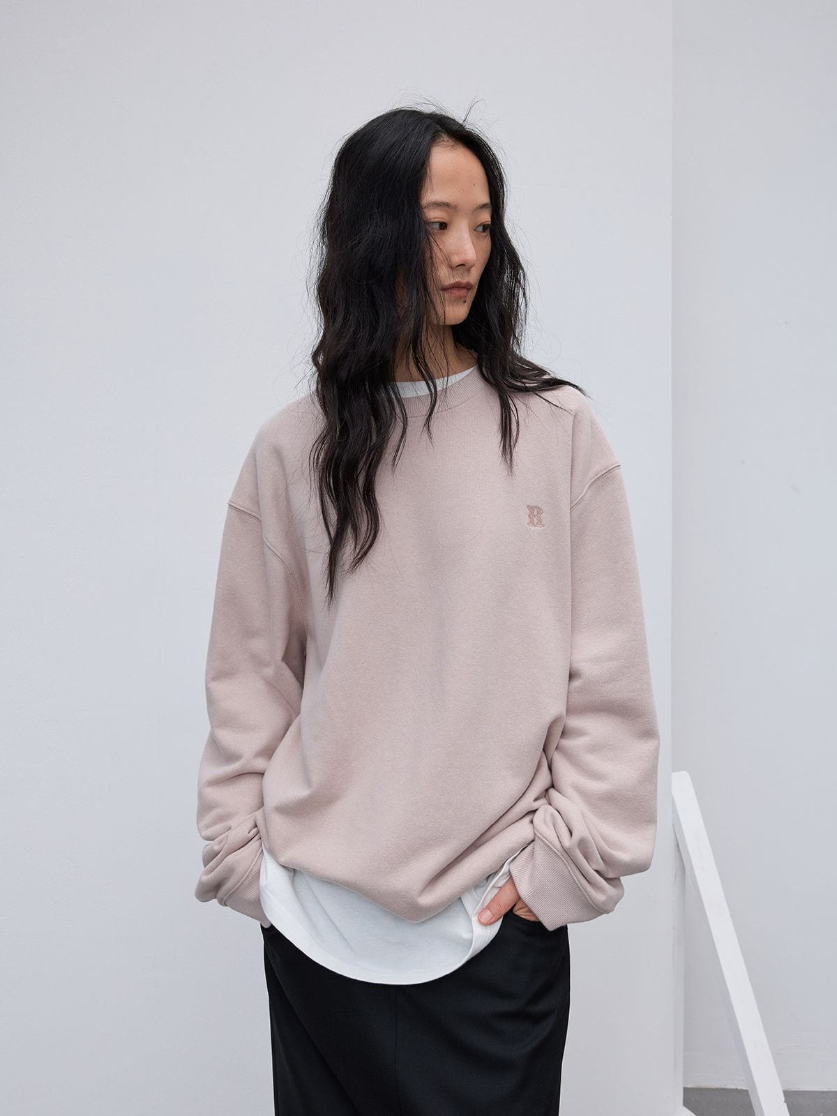 Random Piece Cotton Kapok Blend Crewneck Sweatshirt in Pink - On Female Model