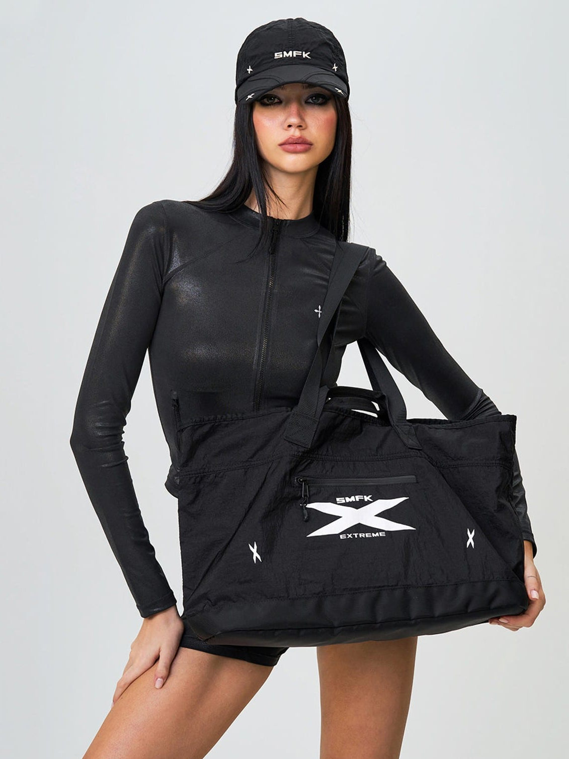 SMFK Large Polyamide Fitness Bag in Black - On Female Model