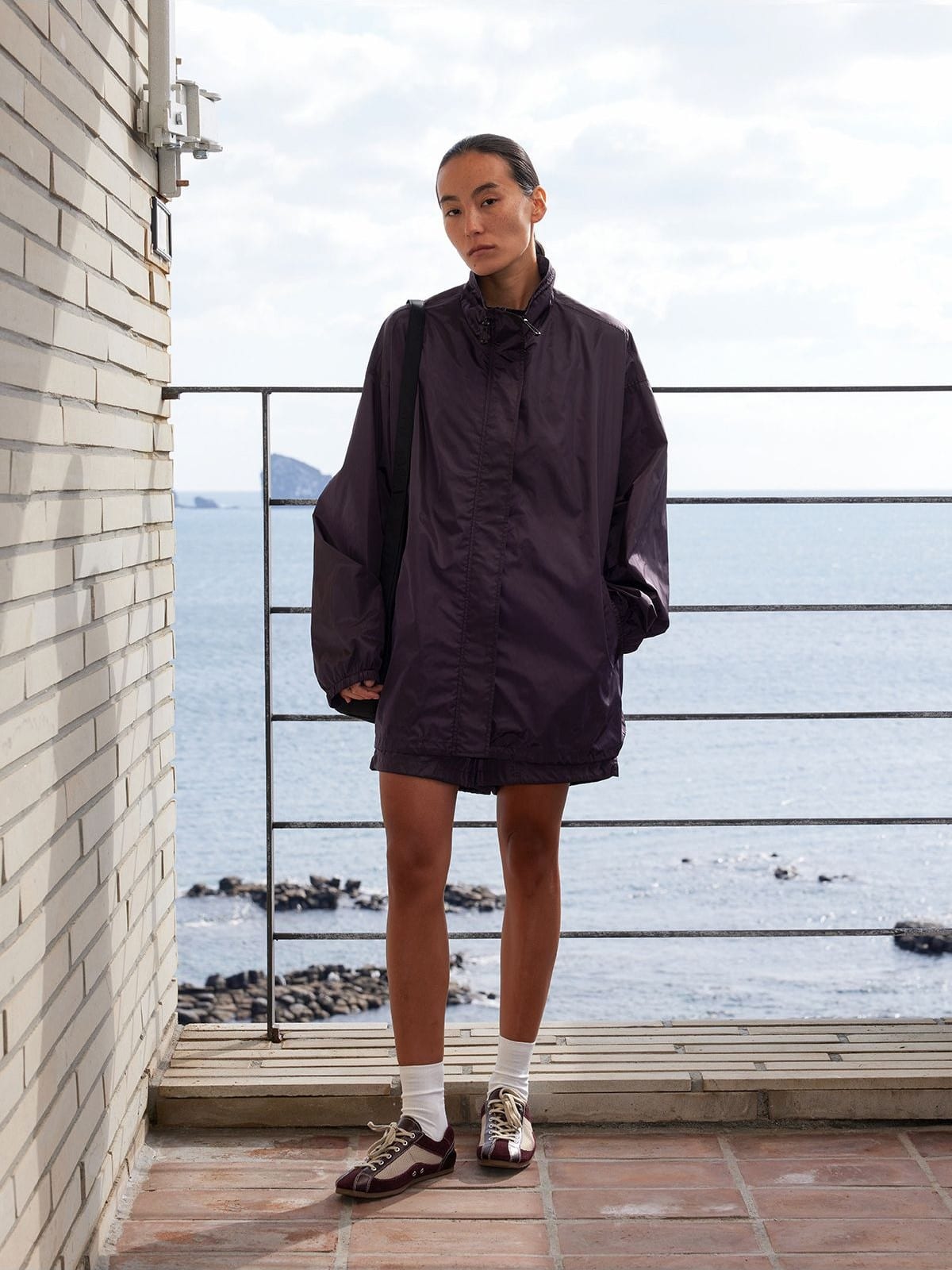 Random Piece Stand Collar Polyamide Windbreaker in Brown - On Female Model