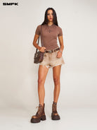 SMFK Cross Graphic Cropped T Shirt in Brown - On Female Model