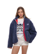 SweetChilling Double Layer Fleece High Collar Jacket in Navy Blue - On Female Model