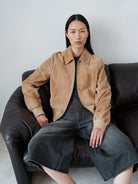 MSBEAST Top Grain Sheepskin Collared Bomber in Beige - On Female Model