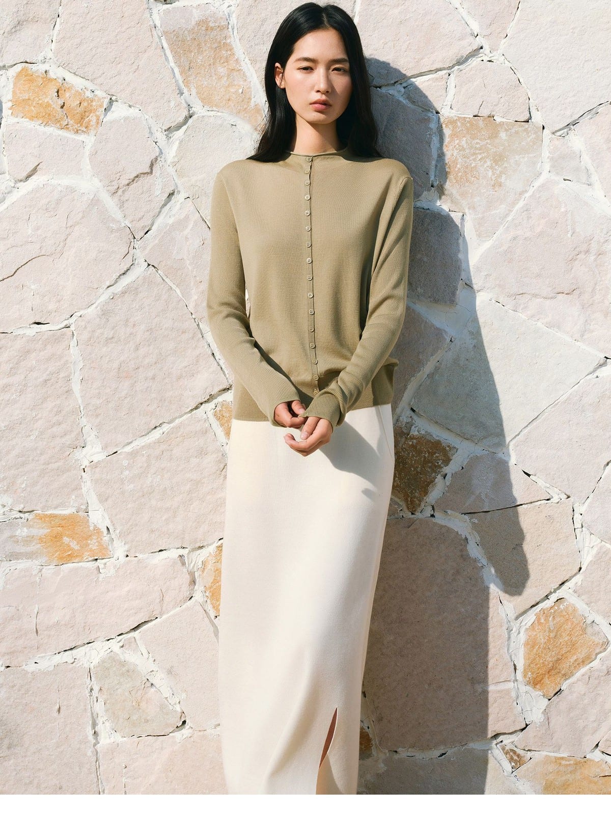 TEASEL Worsted Wool Mock Neck Cardigan in Beige - On Female Model
