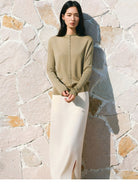 TEASEL Worsted Wool Mock Neck Cardigan in Beige - On Female Model