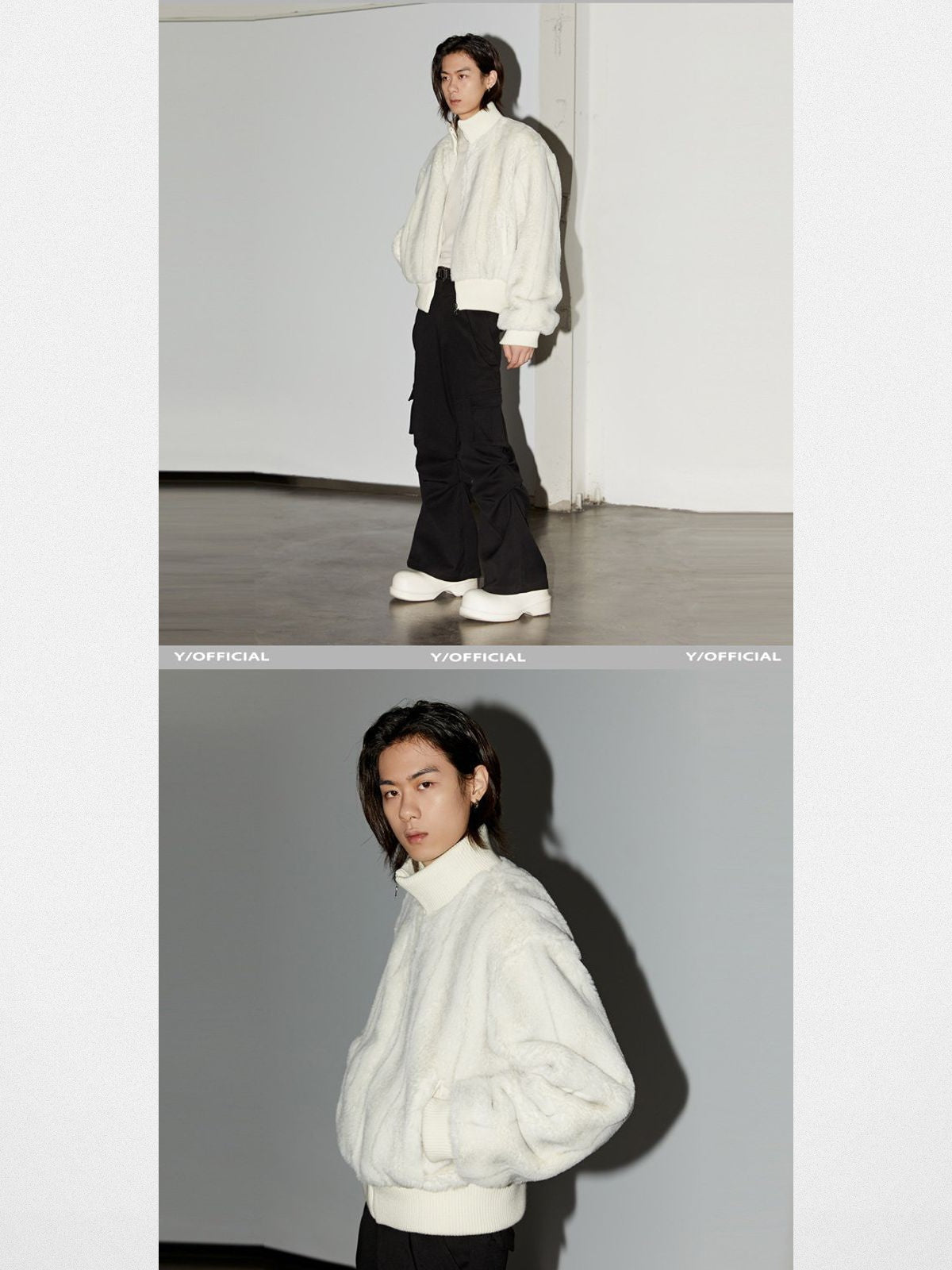 Y OFFICIAL Short Faux Fur Jacket in White - On Male Model