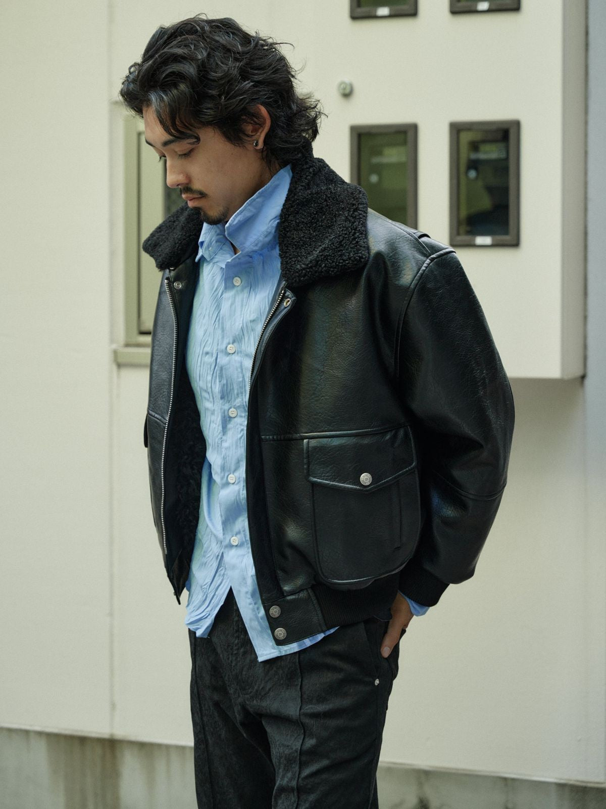 Retro 21 Faux Leather Biker Jacket with Fur Collar in Black - On Male Model