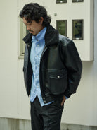 Retro 21 Faux Leather Biker Jacket with Fur Collar in Black - On Male Model
