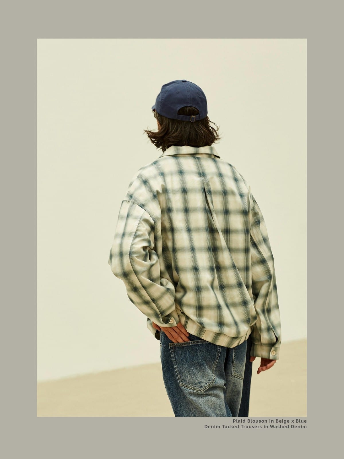 USAGE Gradient Plaid Cotton Blouson in Off-White - On Model