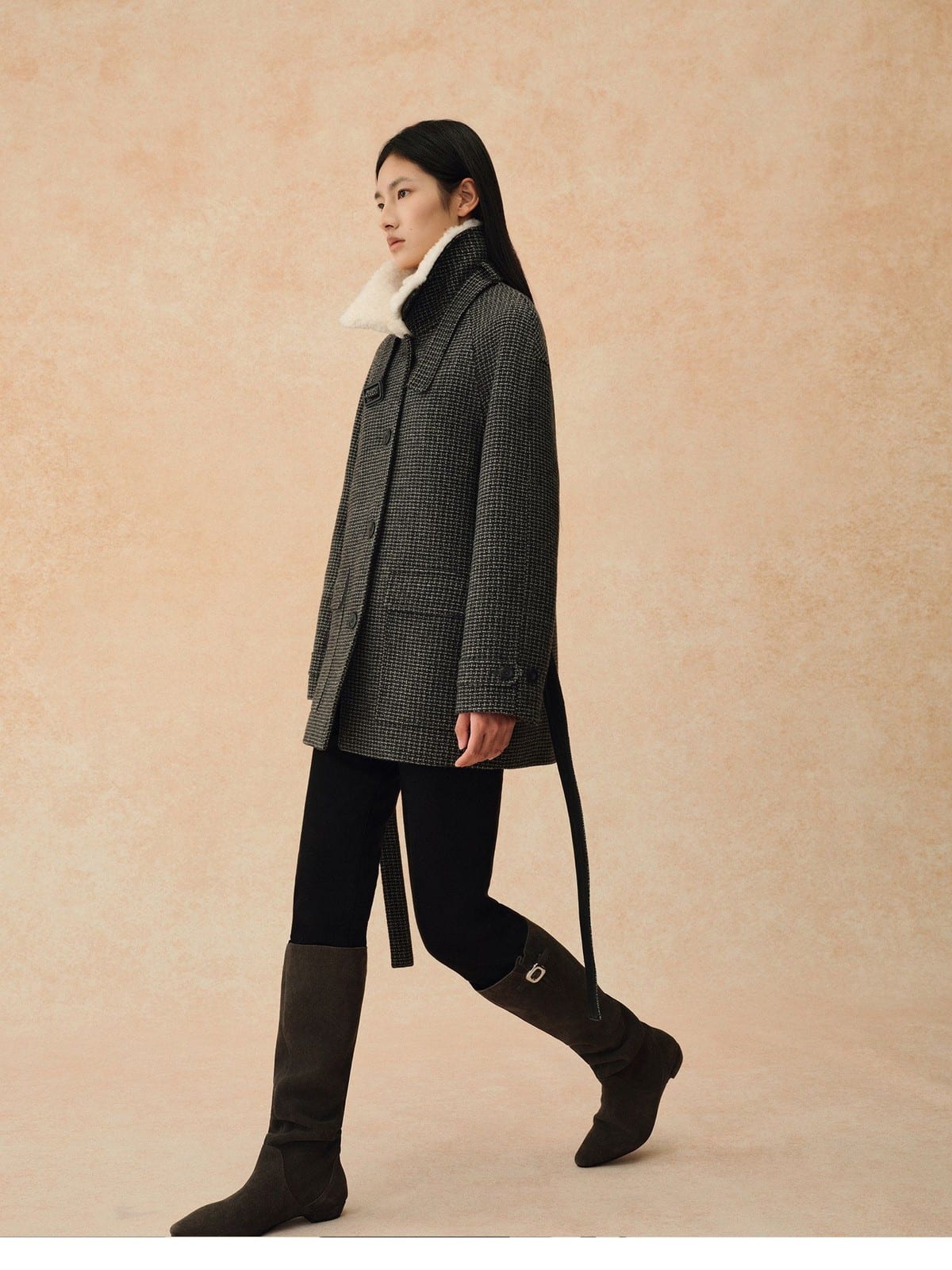 TEASEL Wool Plaid Barn Jacket with Fur Collar in Gray - On Female Model