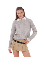 SweetChilling Contrast Cuff Cable Knit Sweater in Gray - On Female Model