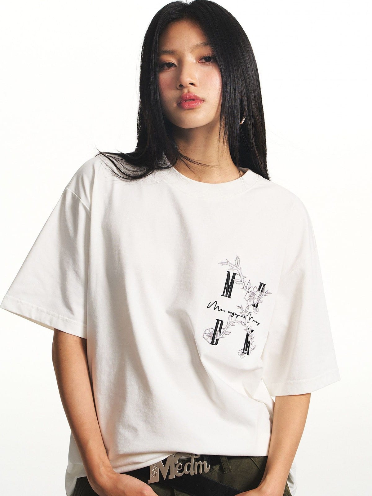 MEDM Floral Graphic Cotton Sorona T Shirt in White - On Female Model
