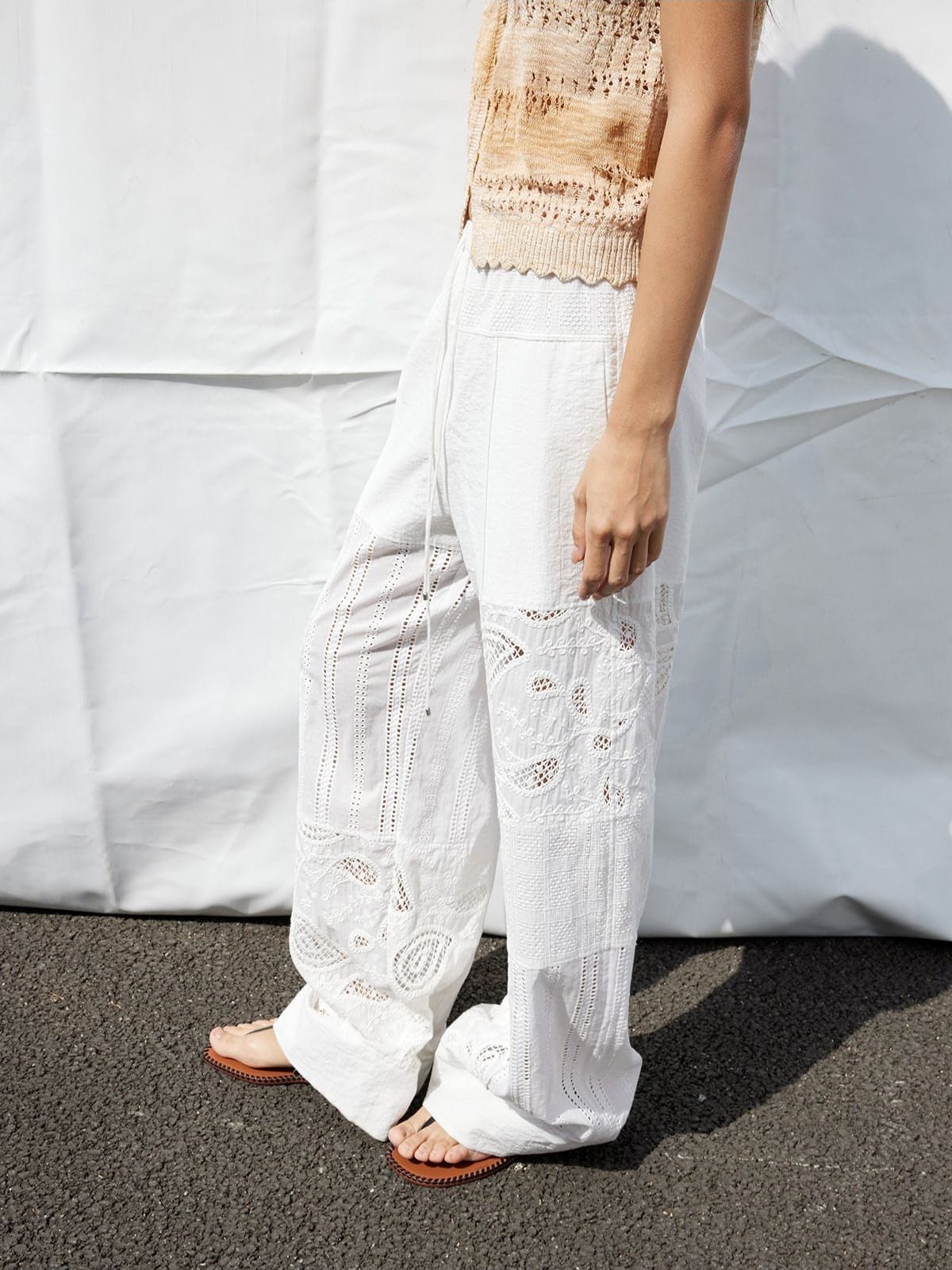 Random Piece Embroidered Cutout Wide Leg Pants in White - On Female Model