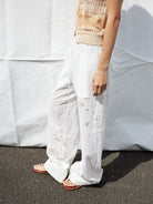 Random Piece Embroidered Cutout Wide Leg Pants in White - On Female Model