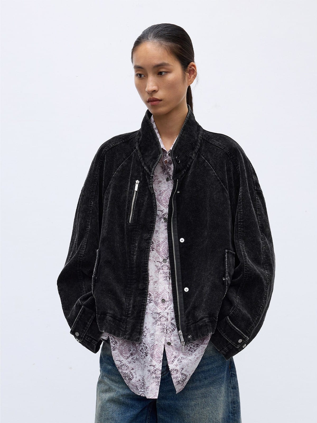 Random Piece Distressed Corduroy Cropped Jacket in Black - On Female Model