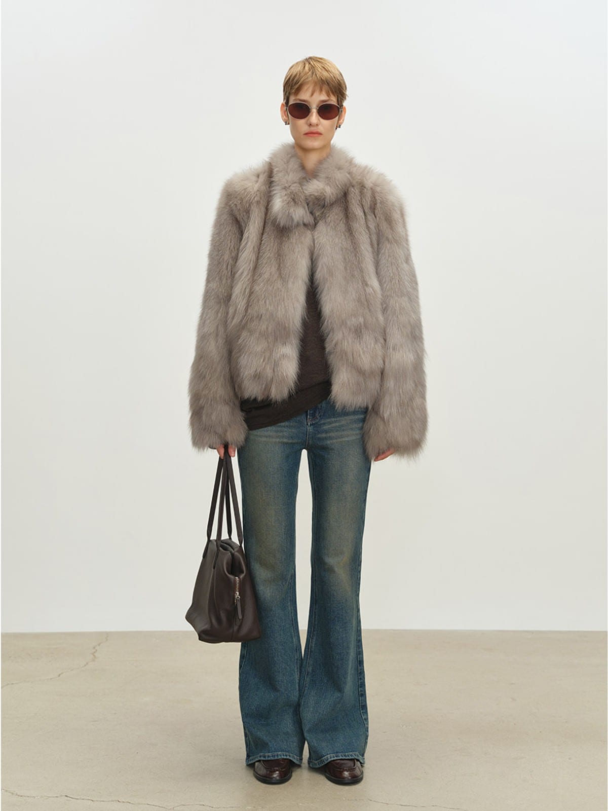 MSBEAST Stand Collar Fox Fur Jacket in Beige - On Female Model