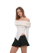 SweetChilling Faux Fur Trim Off The Shoulder Sweater in White - On Female Model
