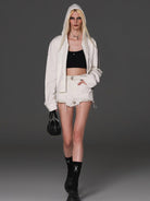SMFK Cotton Blend Slim Zip Up Hoodie in White - On Female Model