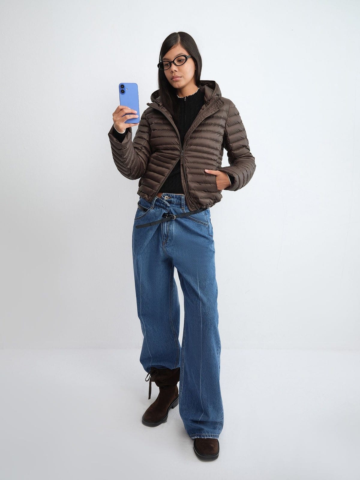 RARELY ALIKE Detachable Hood Duck Down Puffer in Brown - On Female Model