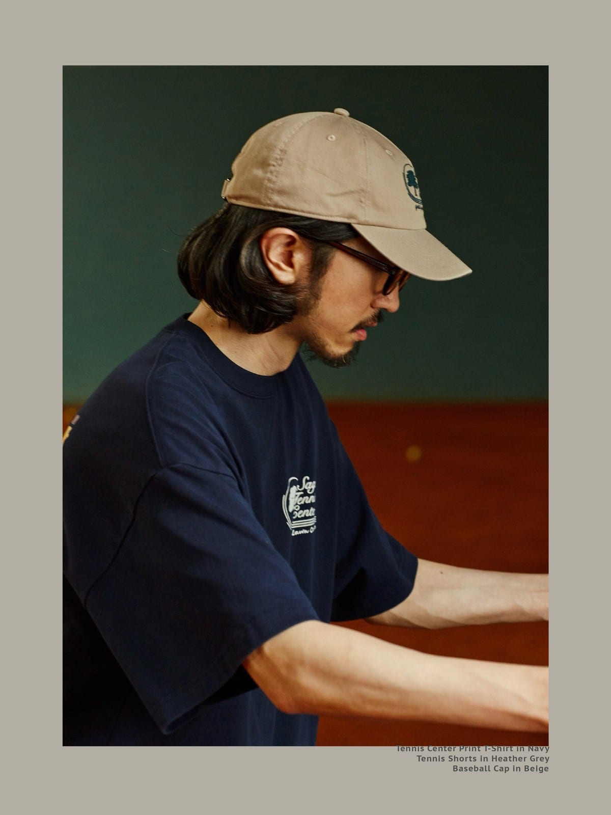 USAGE Retro Tennis Graphic Cotton T Shirt in Navy Blue - On Male Model