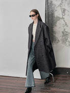 NANS Wool Double Breasted Peak Lapel Coat in Beige - On Female Model