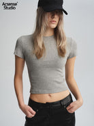 Acsense Studio Brushed Structured Shoulder Tee in Gray - On Female Model