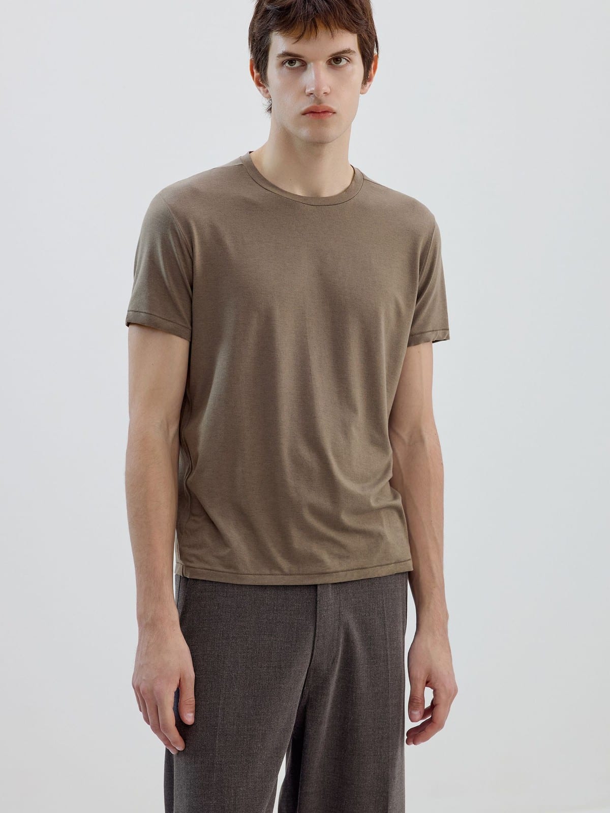 SIMPLE PROJECT Wool Blend Crewneck T Shirt in Brown - On Male Model